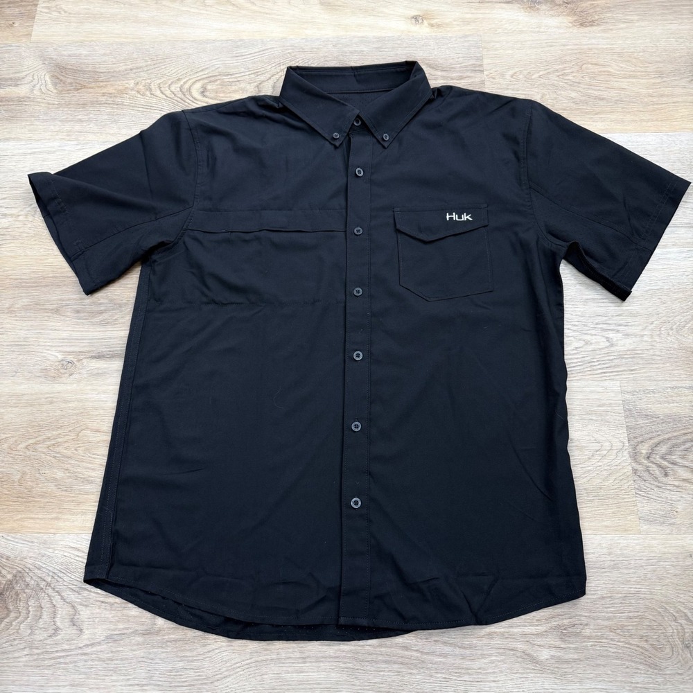 Huk Performance Fishing Button Down Shirt Mens Medium Black Casual Outdoors EUC
